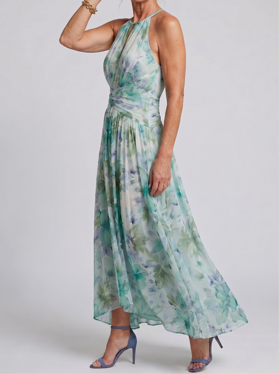 Portia | Pleated Halter Soft Floral Pattern Midi Dress