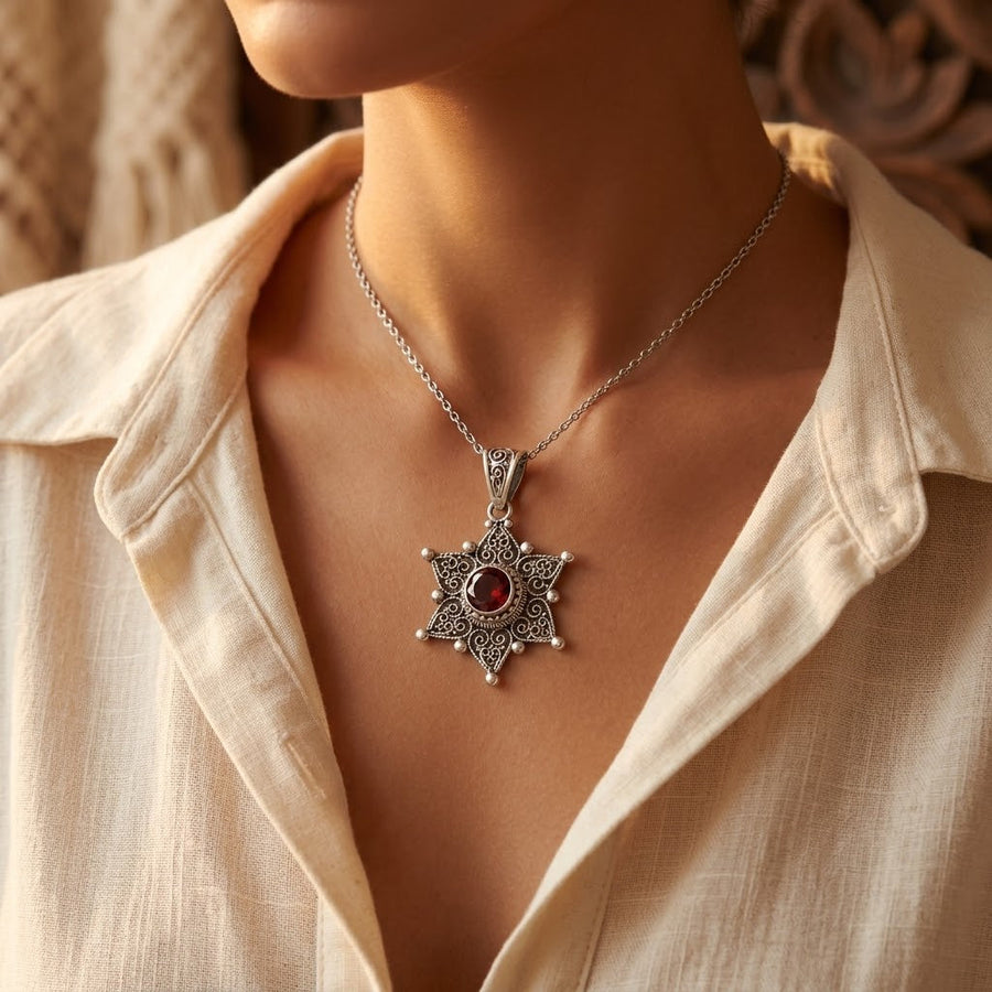 Silver Ruby Star Pendant Necklace
