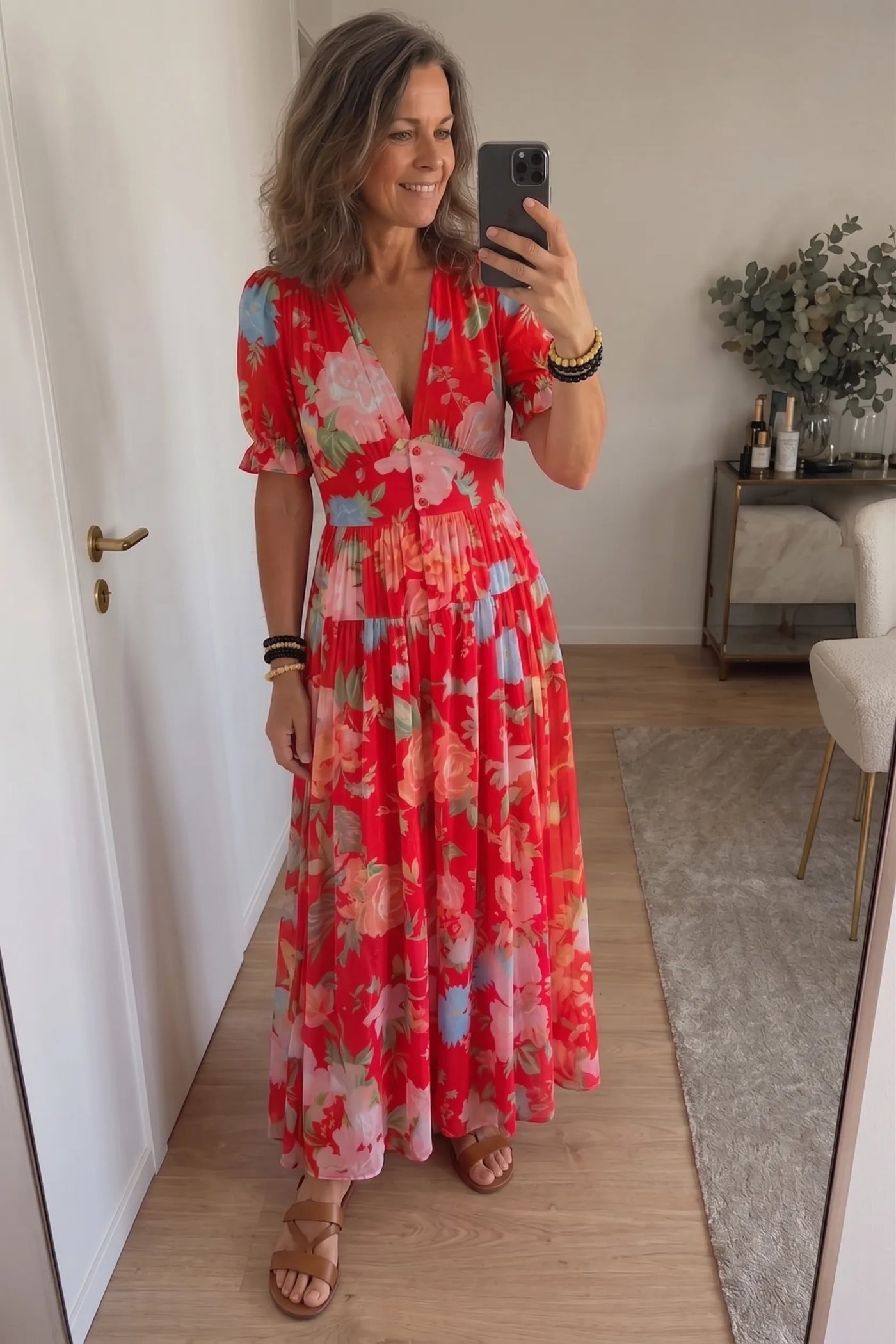 Ione | Short Sleeve V Neck Floral Midi Dress