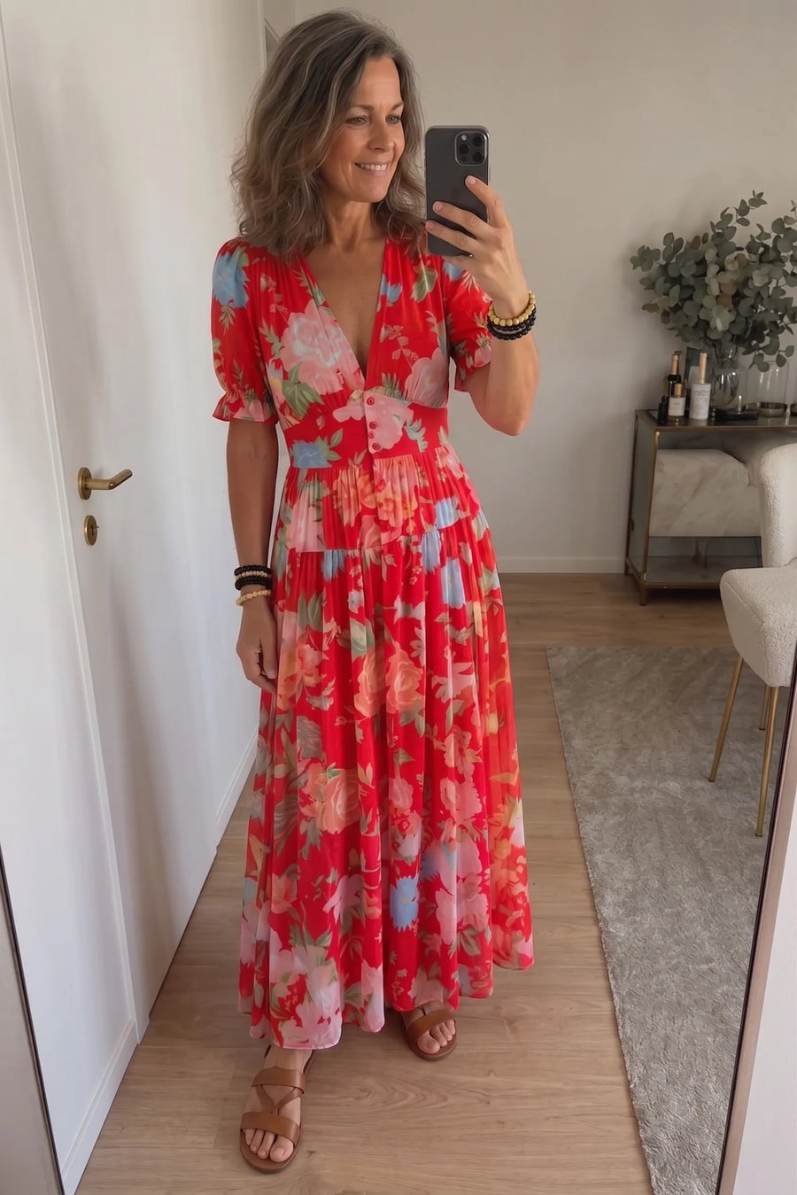 Ione | Short Sleeve V Neck Floral Midi Dress