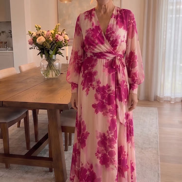 Juliesse | Rose Floral V-Neck Belted Maxi Dress