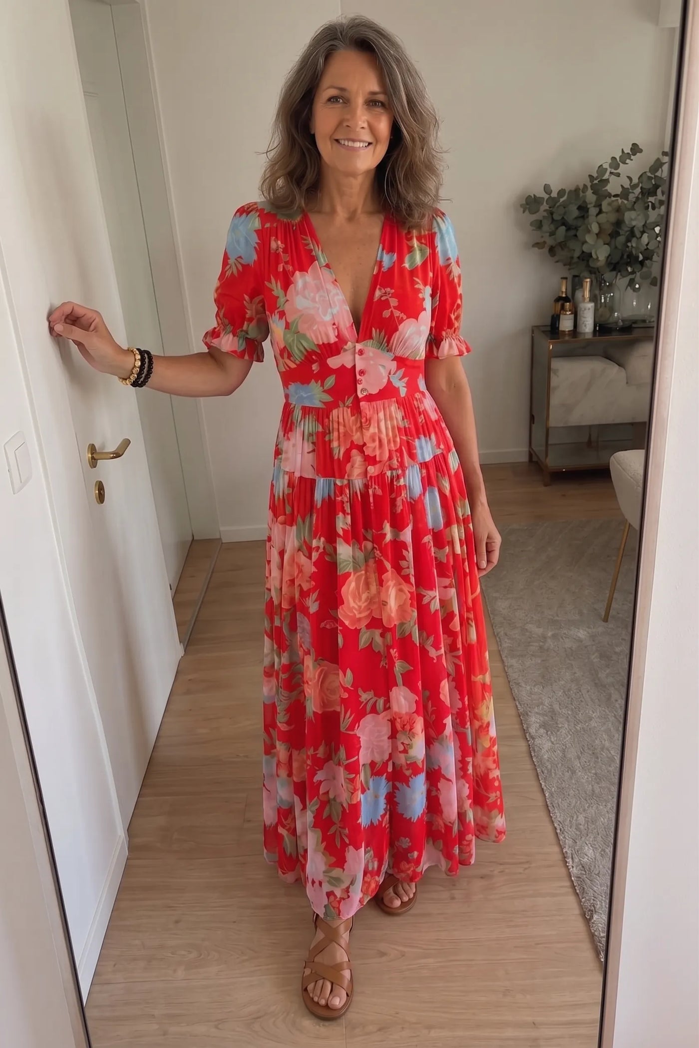Ione | Short Sleeve V Neck Floral Midi Dress