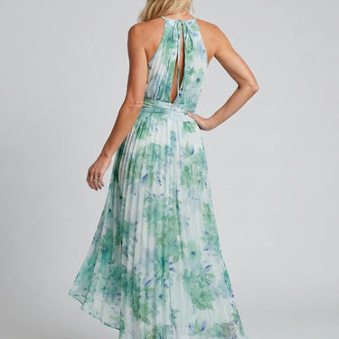 Portia | Pleated Halter Soft Floral Pattern Midi Dress