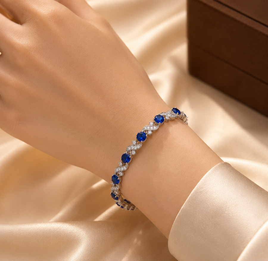 Silver Sapphire Floral Link Bracelet