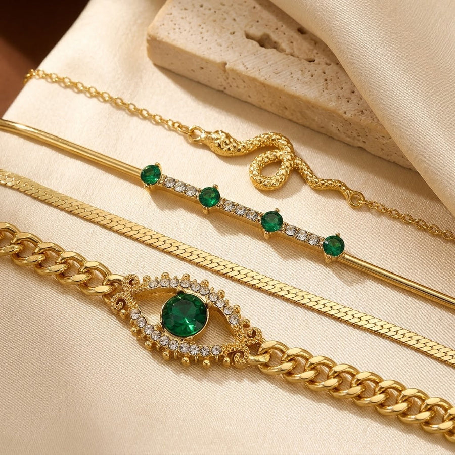 Gold Emerald Charm Bracelet Set