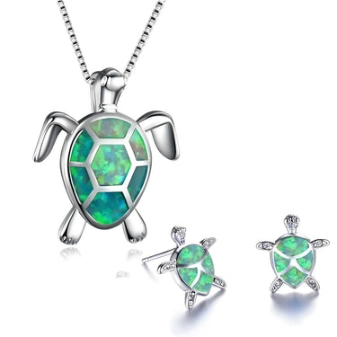 Sea Turtle Necklace + Earrings Set in Opal and Silver